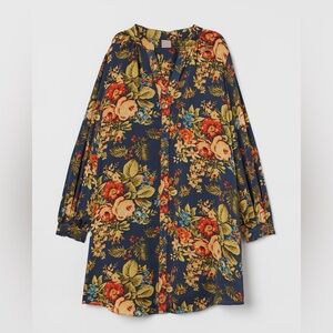 H&M Navy Blue Floral long-sleeved Flowy tunic-style dress, blouse, or kimono